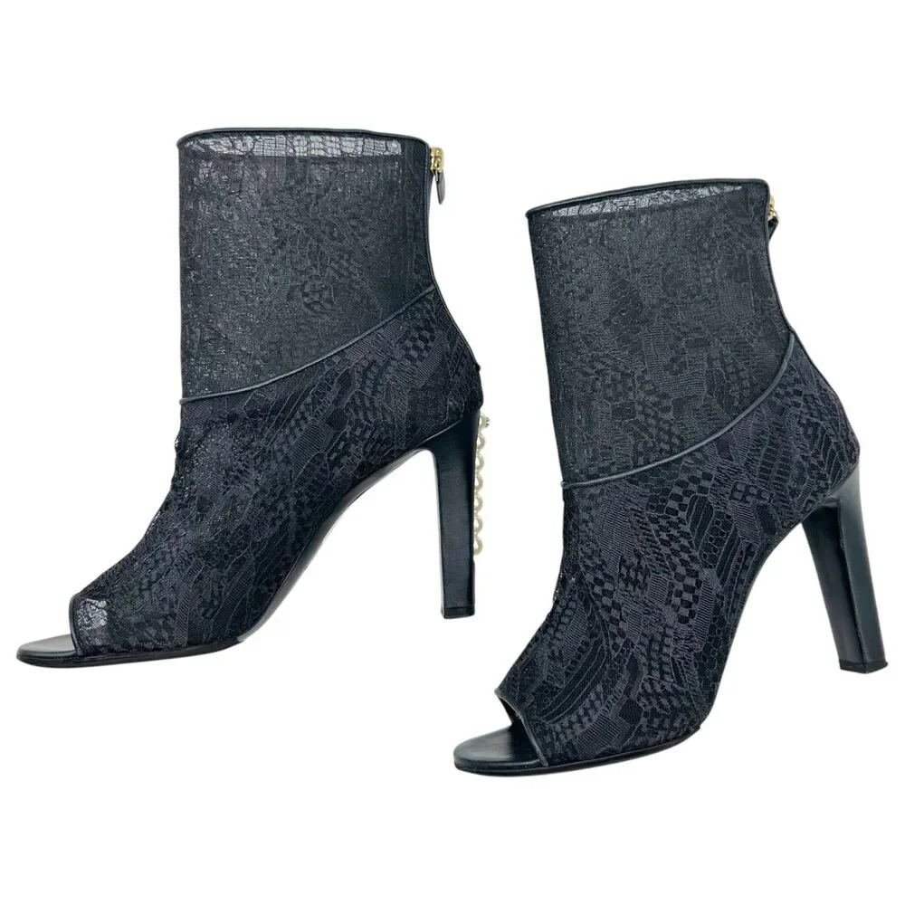 Chanel Sheer Black Lace & Pearl CC Heel Peep-Toe Heeled Booties